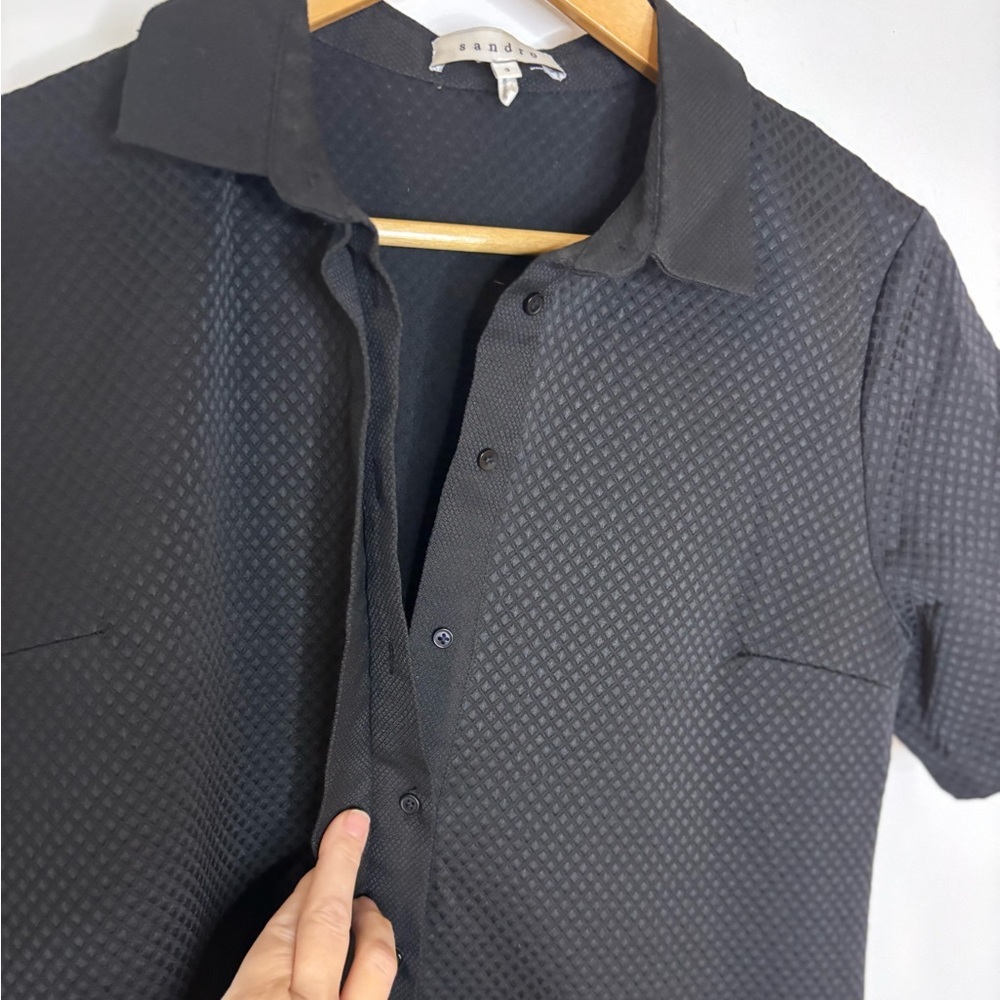 Sandro Paris Black Textured Drop Waist Shirt Dress Lace Hem - Picture 9 of 10